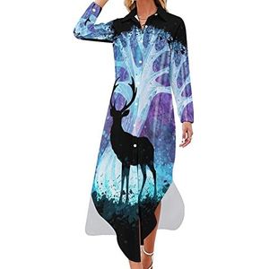 Magic Deer Silhouette Maxi-jurk voor dames, lange mouwen, knoopjurk, casual feestjurk, lange jurk, 2XL