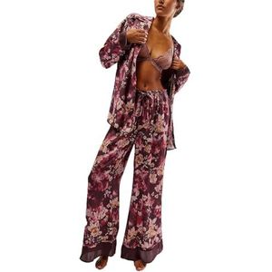 Dames Zomer Klassieke Knoopjes Lange Satijnen Zijden Pyjama Set(Purple red flowers,X-Large)