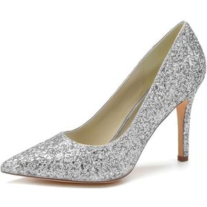 SYDZSW Trouwschoenen Naald Hak Glitter Ivoor Hoge Hakken Bruidsschoenen Sandaal Bride 35-42, Zilver, 43 EU