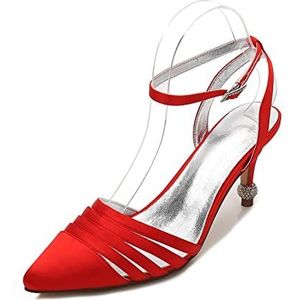 Bruids Schoenen voor Vrouwen Spitse Neus Satijnen Pumps met Halfhoge Hak Trouwschoenen Enkelbandje Party Court Schoenen,Rood,41 EU