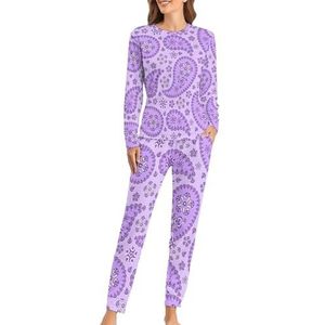 Paarse paisley zachte damespyjama met lange mouwen, warme pasvorm, loungewear sets met zakken, M