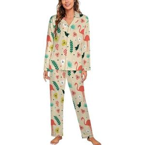 Flamingo Vogel En Bloem Lange Mouw Pyjama Sets Voor Vrouwen Klassieke Nachtkleding Nachtkleding Zachte Pjs Lounge Sets