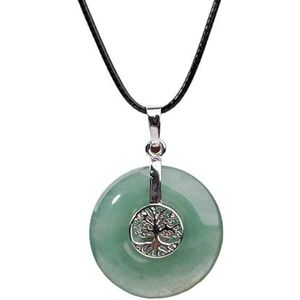 Women Natural Stones Leather Necklace Roud Tree Of Life Charm Stone Pendant Necklace Fashion Women Male Yoga Jewelry (Color : Green Adventurine)