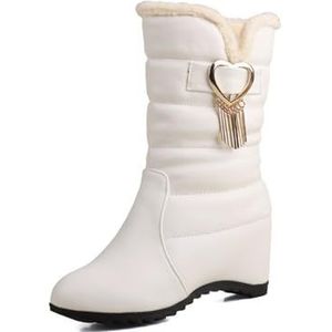 2024 Nieuwe Enkellaarsjes Met Hartvormige Metalen Gesp Dames Sleehak Korte Laarzen PU Lederen Enkellaarsjes Warme Pluche Gevoerde Snowboots Elegante Enkelschoenen(White,37 EU)