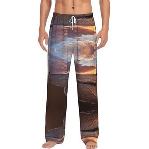 Strand zonsondergang zachte pyjamabroek voor mannen,Klassieke slaapbroek comfortabel, polyester pyjamabroek met zakken, Wit, XL