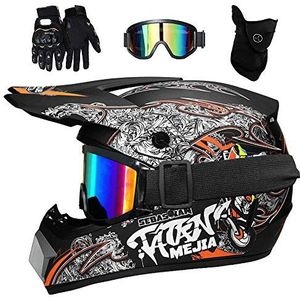 Jeugd Kinderen MTB Motorcrosshelm, met Bril Handschoenen Masker, Volledig Gezicht Offroad Racen Motor MX ATV Scooter Helm, Extreme Sporten Bergafwaarts Enduro Quad Crossmotor Helmen(Matte Black Orange