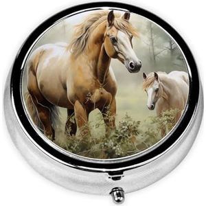 Pillendoosje met spiegel, retro pillendoosje met 3 vakken, dieren borduurwerk, schilderijen, paarden, kleine pillenorganizer voor portemonnee of zak, decoratieve metalen medicijnen,