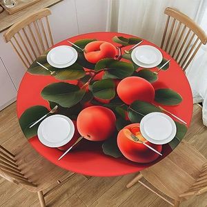 Rond tafelkleed met rode abrikoos patroon, waterdicht en afveegbaar met elastische randen, geschikt voor het decoreren van ronde tafels.