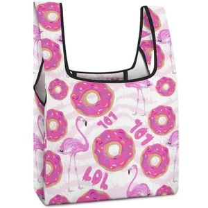 Roze Flamingo met Donut Herbruikbare het Winkelen Zakken Vouwbare Boodschappentassen Grote Vouwbare Tote Bag met Lange Handvatten
