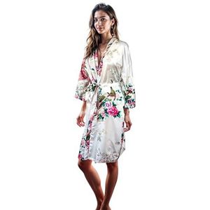 CCcollections Kimono badjas lang 16 kleuren Premium Peacock bruidsmeisje bruidsdouche dames cadeau (Wit Parel)