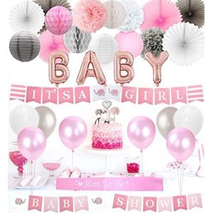 Baby Shower Decoraties voor Girl It's a Girl Banner, Olifant Cake Toppers, Baby Folie Ballonnen, Weefsels Papier Pompoms Fans en Lantaarns