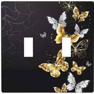 ZhaoYuGoods Gouden witte vlinders zwarte print muurplaat, dubbele tuimellichtschakelaar outlet cover 2-Gang 11,4 cm x 11,4 cm, PC decoratieve voorplaat voor thuis en kantoor