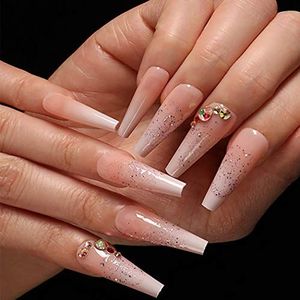 Coffin False Nails Nude Long Fake Nails Crystal Ballerina Acrylic Press on Nails Full Cover Stick on Nails 24pcs for Women and Girls