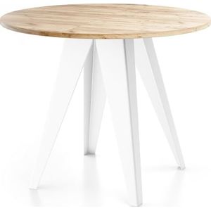 WFL GROUP Moderne ronde tafel voor de eetkamer, diameter 90 of 100 cm, uittrekbare eettafel met witte metalen poten met poedercoating, industriële stijl, eiken handwerk, 90 cm