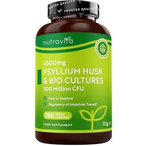 Psyllium Husk 4500 mg met 500 miljoen CFU, 180 capsules met psyllium husks voor 3 maanden voorraad - Vezelsupplement Alternatief voor psyllium poeder - Gemaakt in UK door Nutravita