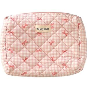 Geruite schattige cosmetische tas met rits make-up organizer opbergtas katoen gewatteerde cosmetische organizer tas voor vrouwen en meisjes, PINK, M, esthetische/bloemen