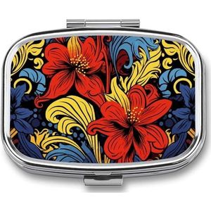 Rode en gele stijl pillendoos, 2 compartimenten geneeskunde pillenetui, draagbare pillenorganisator voor zak of portemonnee decoratieve metalen geneeskunde vitamine organizer