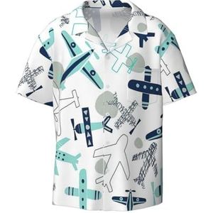 OdDdot Herenoverhemden met vliegtuigprint, atletisch, slim fit, korte mouwen, casual zakelijk overhemd met knopen, Zwart, L