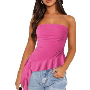 Dames Sexy Bodycon Tube-tops, Asymmetrische Ruches Zoom Strapless Tanktops Basic Tees Shirt(Color:Rose red,Size:L)