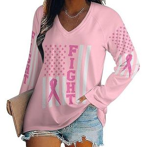 Vecht roze lint VS vlag vrouwen casual T-shirts met lange mouwen V-hals bedrukte grafische blouses T-tops L