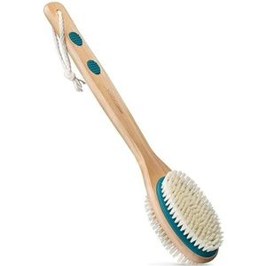MainBasics Rugschrobber voor douche - Dubbelzijdige borstel met lange steel voor Body Wash & Schrobben met exfoliërende en zachte haren (groenblauw, hout)