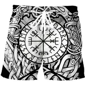 3D geprinte Odin's Raven Shorts - Nieuwe Nordic Yggdrasil Tattoo Heren Plus Size Harajuku Sportshorts - Middeleeuwse Viking Pagan Warrior Losse Ademende Shorts (Color : Compass A, Size : 3XL)