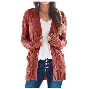 Kabelgebreide Damescardigan, Open Voorkant, V-hals, Lange Mouwen, Losse Trui Met Zakken(Rust red,5X-Large)