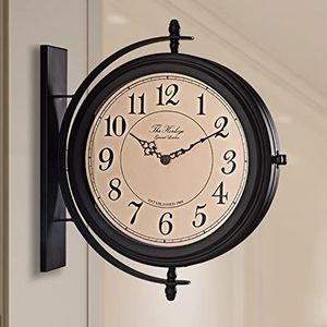 Buiten Vintage Dubbelzijdig Wandklokken, Wandhouder Metaal Stationsklok, Amerikaanse Stijl Wanddecoratie, Arabische Cijfers, Quartz Stil Uurwerk,Black