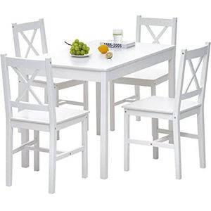 JINPALAY Eettafel met 4 stoelen, set van 4 stuks, wit grenen, houten eetgroep, set van 4, eetkamerstoelen met eettafel voor eetkamer, keuken, woonkamer (wit)
