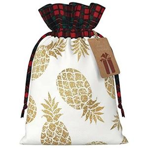 LAMAME gouden ananas achtergrond gedrukt Kerstmis Drawstring Gift Bags met Kraft Labels Gift Wrap Bags