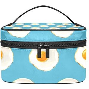 Schedel Liefde Anker Patroon Make-up Tas Voor Vrouwen Meisjes Cosmetische Tassen Met Handvat Reizen Make-up Organizer Tas, Blauw Gebakken Ei, 8.9x5.9x5.4 Inches, Make-up Pouch