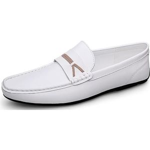 Heren loafers schoen ronde neus lederen penny loafers lichtgewicht platte hak comfortabel wandelen buiten slip-ons (Color : White, Size : 44 EU)