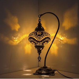 Turkse mozaïek tafellamp, prachtige Marokkaanse stijl, unieke Globe lampenkap, zwanenhals serie (bruine sterren)