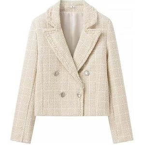 Dames herfst winter tweed blazer mode elegant casual dubbele rij knopen open voorkant kantoor effen jaszakken(Beige,XL)