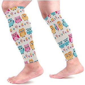 EZIOLY Cartoon Uilen Sport Kalf Compressie Mouwen Been Compressie Sokken Kalf Guard voor hardlopen, Fietsen, Moederschap, Reizen, Verpleegkundigen
