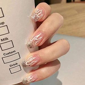 Coffin False Nails Flame Press on Nails Short Fake Nails Full Cover Stick on Nails 24pcs for Women and Girls