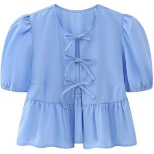 Vrouwen Tie Front Tops Puff Sleeve Babydoll Shirts Y2K Leuke Ruffle Peplum Uitgaan Top Blouse Trendy Kleding (Color : Blue C, Size : X-Small)
