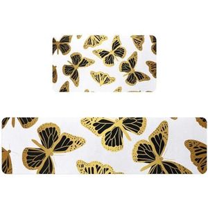 VAPOKF 2 stuks keukenmat zwart-goud vlinder op wit, antislip wasbaar vloertapijt, absorberende keukenmat loper tapijt voor keuken, hal, wasruimte