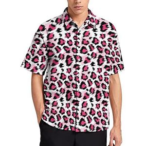 Roze luipaardpatroon zomer herenoverhemden casual korte mouw button down blouse strand top met zak XL