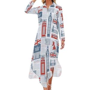 Thema van het VK en Londen Britse vlag vrouwen maxi jurk lange mouw knoop overhemd jurk casual feest lange jurken 3XL