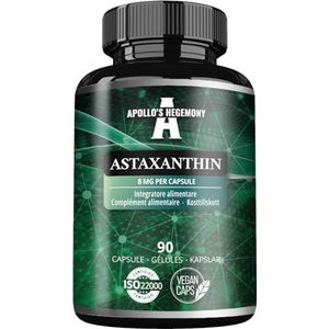 Astaxanthine 8 mg van de microalg Haematococcus pluvialis - 90 Veganistische Capsules - 3 Maanden Bevoorrading - Krachtige antioxidant - by Apollo's Hegemony