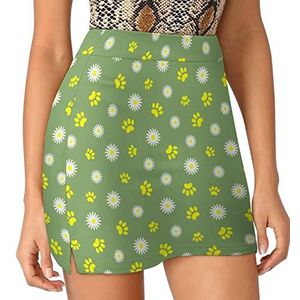 Pet Paw Prints En Daisy Bloemen Vrouwen Skorts Hoge Taille Tennisrok Gelaagde Korte Mini Rok Culottes Skorts Met Zakken 3XL