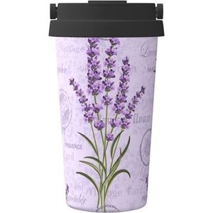 Lavendel stempel print geïsoleerde koffiemok beker, 500 ml reizen koffiemok, voor reizen, kantoor, auto, feest, camping