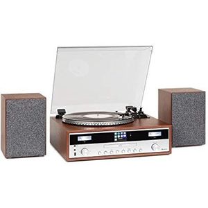 auna Birmingham stereo hifi-systeem: internetradio-tuner, Dab+/FM, 2 luidsprekers van 50 W, bluetooth-functie, platina, riemaandrijving 33 en 45 rpm, cd-speler, USB-poort, hout