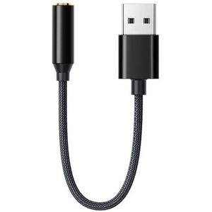 USB A naar 3,5 mm jack aux-adapter, externe USB A geluidskaart, stereo audio-adapterkabel, voor headset, luidspreker, laptop, pc, desktops, zwart