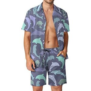 Paarse dolfijnen Hawaiiaanse bijpassende set 2-delige outfits button down shirts en shorts voor strandvakantie