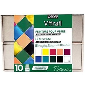 Pébéo Vitrail Collection Box Set voor glasschilderen, 10 x 45 ml flessen, verschillende glaskleuren + 2 x 20 ml tubes contourpasta, schilderaccessoires, creatieve gids