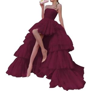 SAMHO Dames Strapless Tule Hoge Lage Baljurk Gelaagde Lange Hoge Lage Zoom Formele Avondjurk Feestjurk MAHL028, Bordeaux, 58/Meer