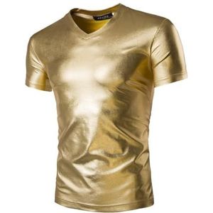 Metallic T-shirts voor heren, korte mouwen, glanzende, wetlook, tuniek, tops voor clubwear, V-hals, effen lederlook, party T-shirt, top, blouse, T-shirt, slim fit, casual truien voor dans, disco,