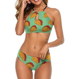 Cartoon Tacos Zwemmen Kostuum Vrouwen Tweedelige Badpak Bikini Set Badpak Terug Cross Tie 2XL